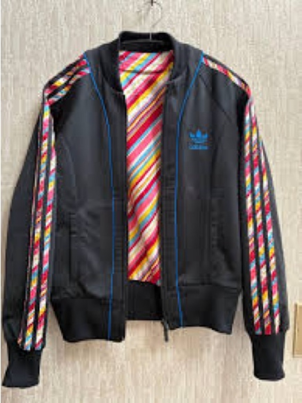 adidas Black Jacket with Blue Trim and Multicolor Stripe Sleeves xs (fit no tag)